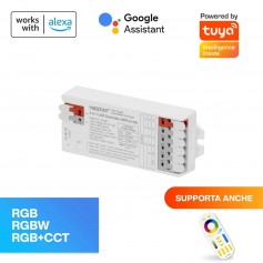 Ricevitore Controller RGB, RGBW, RGB+CCT 4-Zone Sinc. Aut., WiFi App/Alexa/Google